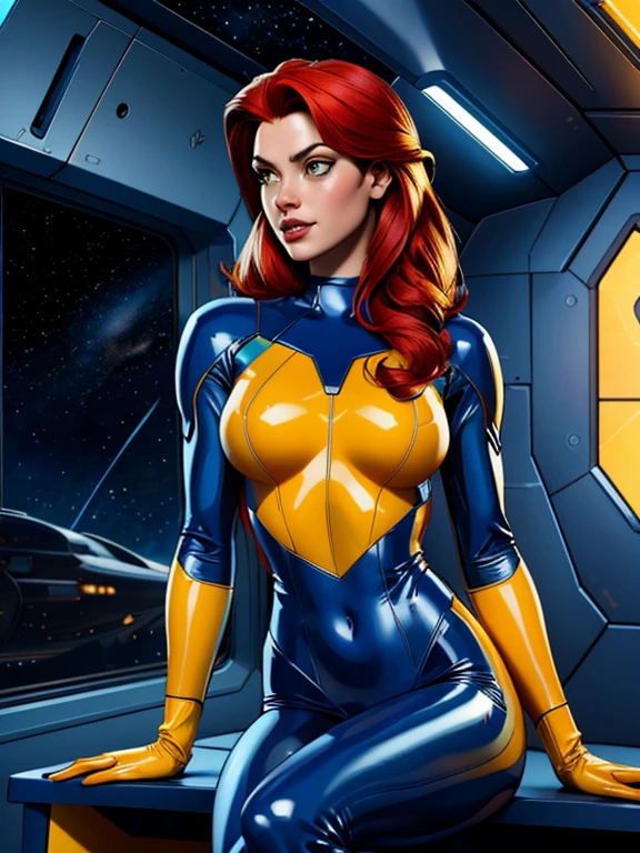 Best quality, 4K, american comics art style, vintage space beautiful woman,long red hair,looking to observer,dark blue and yellow sheer tight latex suit under detailed sci-fi armor,sitting on a bench in the hallway of a spaceship scenario, dramatic lights 