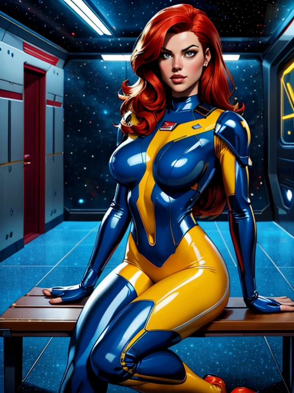 Best quality, 4K, american comics art style, vintage space beautiful woman,long red hair,looking to observer,dark blue and yellow sheer tight latex suit under hi-tech armor,sitting on a bench in the hallway of a spaceship scenario, dramatic lights