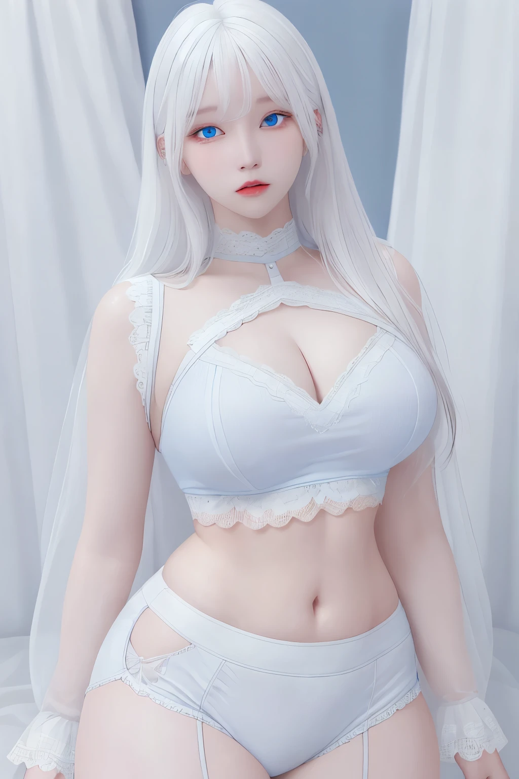 photorealistic, high resolution, 1 girl, white hair, korean, blue eyes, white sexy lace shirt, lace skimpy tight black shorts, thick thighs, lace crop top sexy