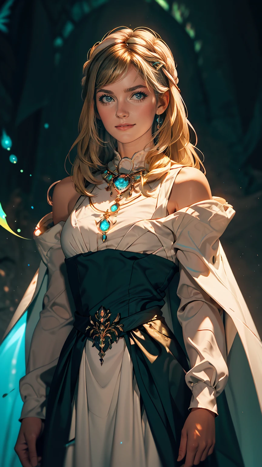 masterpiece, highest quality, Julia Faith, One girl, alone, Long Hair, View your viewers, blush, smile, Negative Space, (Bioluminescence:1.2), darkness, Dark Background, Long sleeve, dress, Exposing shoulders, Medium chest, very Long Hair, Wide sleeves, Cape, white dress, Circlet