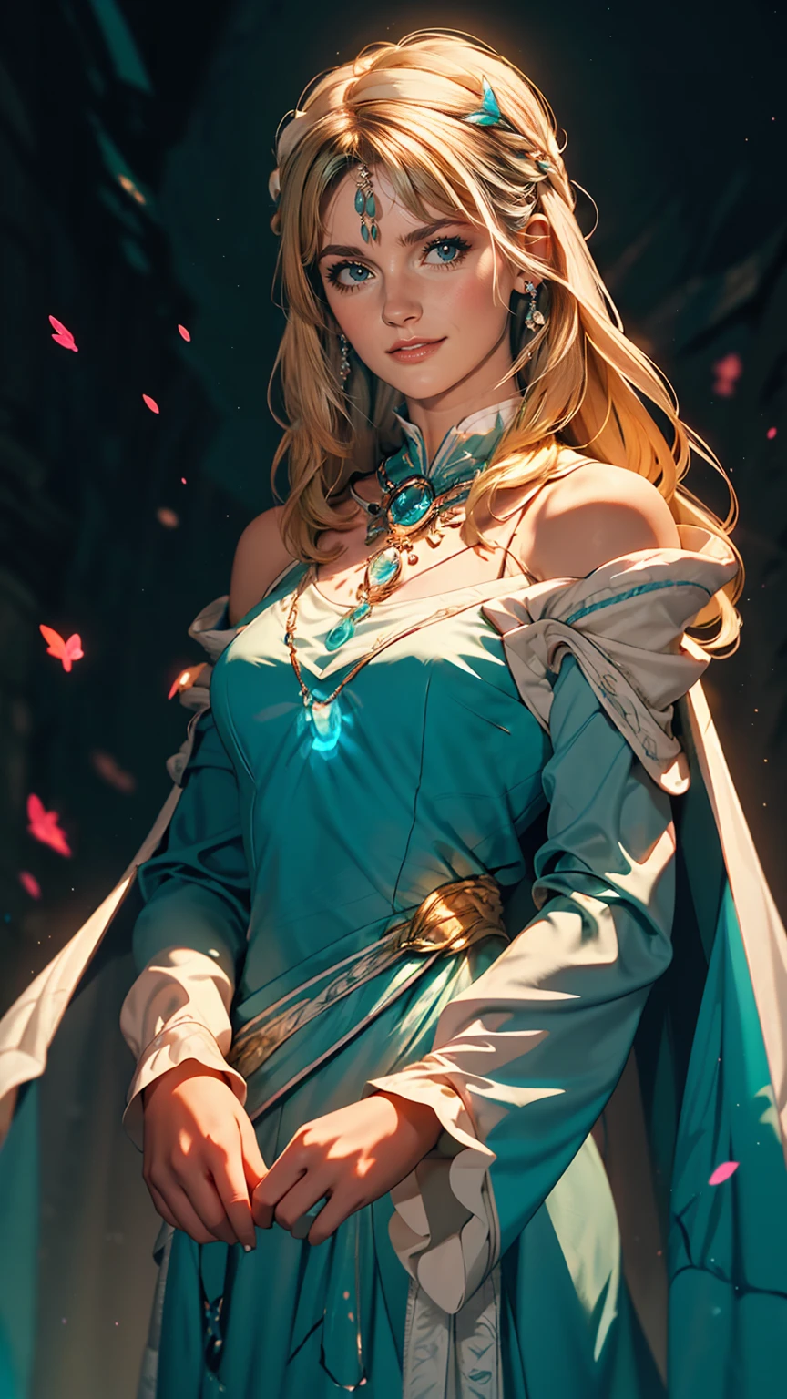 masterpiece, highest quality, Julia Faith, One girl, alone, Long Hair, View your viewers, blush, smile, Negative Space, (Bioluminescence:1.2), darkness, Dark Background, Long sleeve, dress, Exposing shoulders, Medium chest, very Long Hair, Wide sleeves, Cape, white dress, Circlet