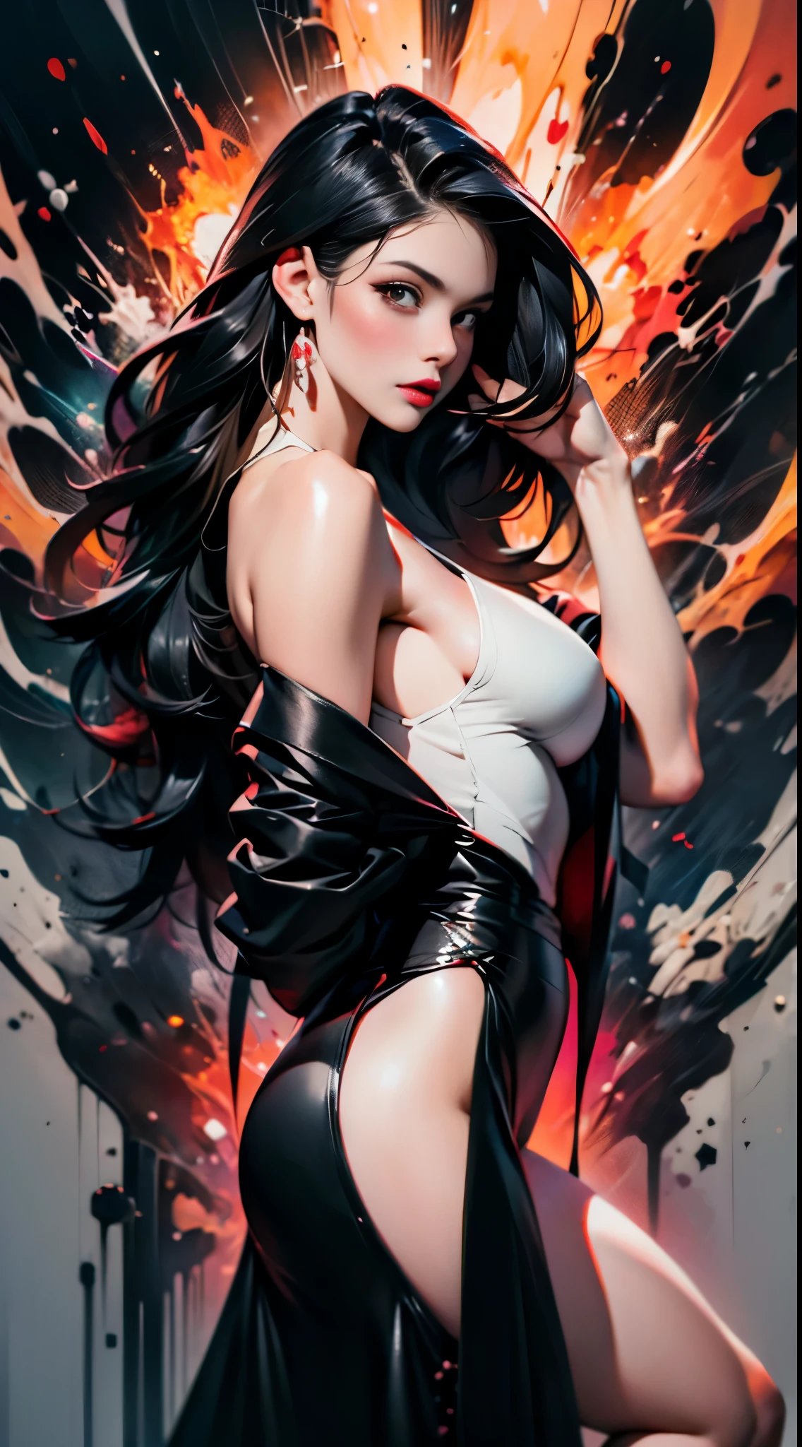 masterpiece, best quality, ultra high res, beautiful, elegant, graceful, award-winning art, 1girl , portrait, half-naked, (style of Yuko Shimizu:1.1), (abstract art:1.2), red lips, silent in chaoodel pose in fashion show, style of rebecca guay, black hair, red fire , cloaked in flames, dark theme, visually stunning, gorgeous