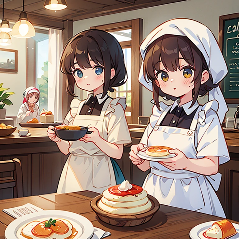 Girls with towels wrapped around their heads making large quantities of soufflé omelettes at a cafe Wearing an apron