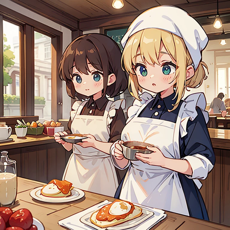 Girls with towels wrapped around their heads making large quantities of soufflé omelettes at a cafe Wearing an apron