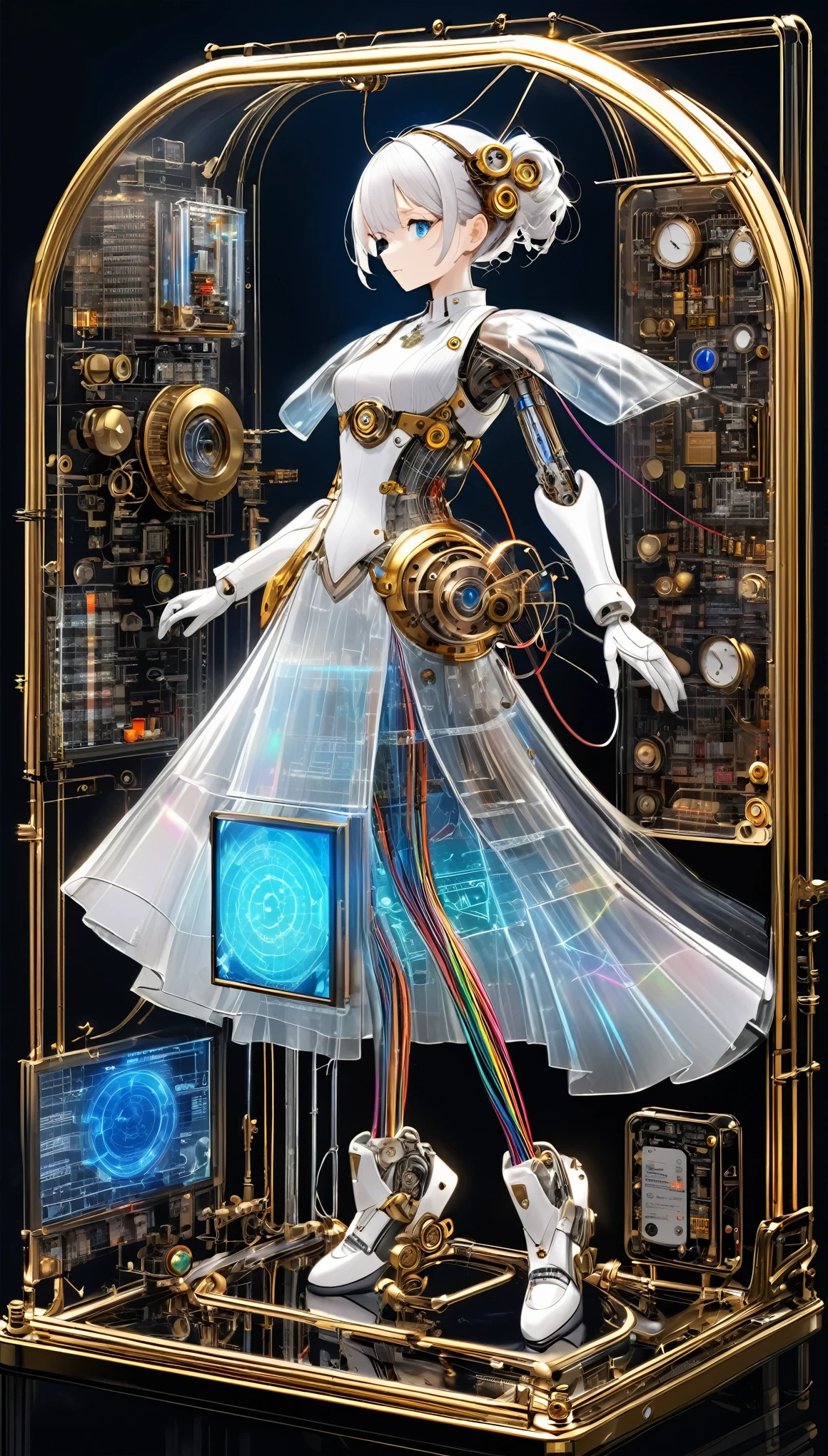 best quality, super fine, 16k, delicate and dynamic, white robot, streamlined without corners, with shape resembling long skirt with flared hem, one blue LED eye, moves on one wheel, X-ray made of transparent crystal, precision machinery inside, circuit boards, diagrams, complex and innumerable colorful cables, IC chips, resistors, capacitors, light-emitting diodes, timers, transparent translucent anatomy, iridescent neon colors wiring diagram and LED, picture frame and background that mixes and fuses steampunk, dieselpunk, and clockpunk, analyzer room lab