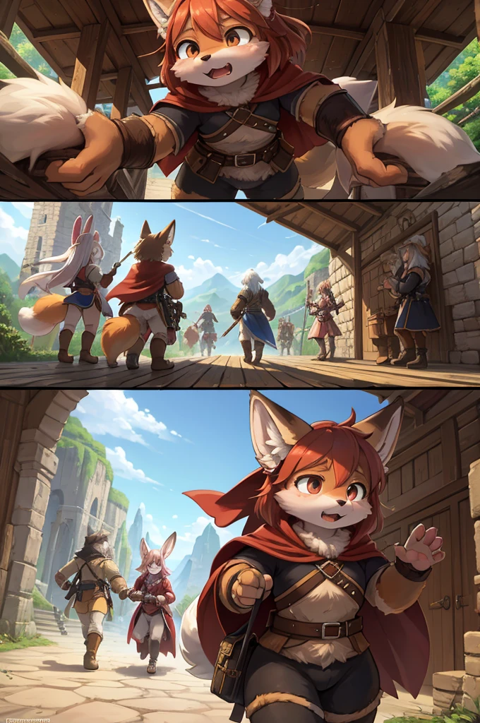 The various events that occur during the journey form the story of the film. As the film is traveling, the locations of each scene change , various view , happening scene , dynamic move , hairy Short stature fox girl with Townspeople , (realistic hairy bunny fur:1.2) , round face , (tilt face:1.2) , (half-open eyes) , Swollen cheeks , glossy lips , (Looking away , Look around:1.2) ,  (wearing fantastic wear and Cape) , travel bag , Walking around the fantasy world