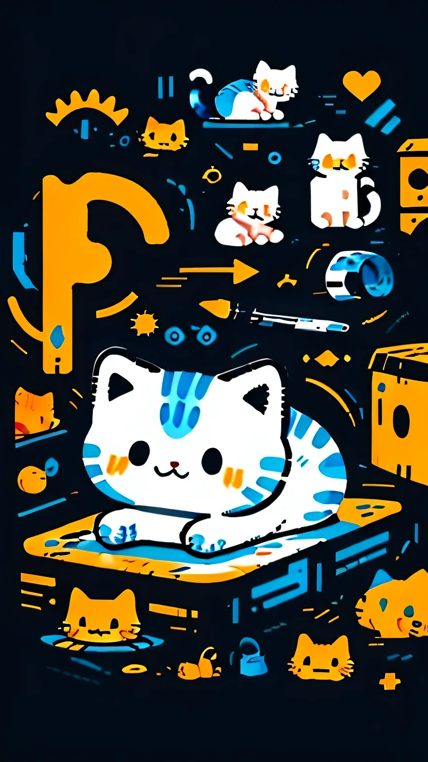 masterpiece,Perfect detail,Graffiti art,Flat Illustration,The subject is a kitten,cycling,Remove backgrounds and other elements,Simple but vivid expression,lively and bright colors,Smooth and natural lines。