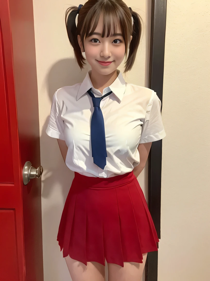 (highest quality、8k、32k、masterpiece、Hmph:1.2)、sexy、、Cute Japanese Women Photos、Twin tails、thin、slender、(Bobcut)、(Small Tits)、double eyelid、 Red open front shirt、Navy blue tie、You can see her underwear faintly、Red mini skirt、Thighs、Light blue wall、whole body、smile、sexy