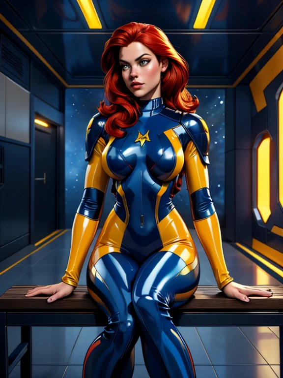 Best quality, 4K, american comics art style, vintage space beautiful woman,long red hair,looking to observer,dark blue and yellow sheer tight latex suit under detailed sci-fi armor,sitting on a bench in the hallway of a spaceship scenario, dramatic lights