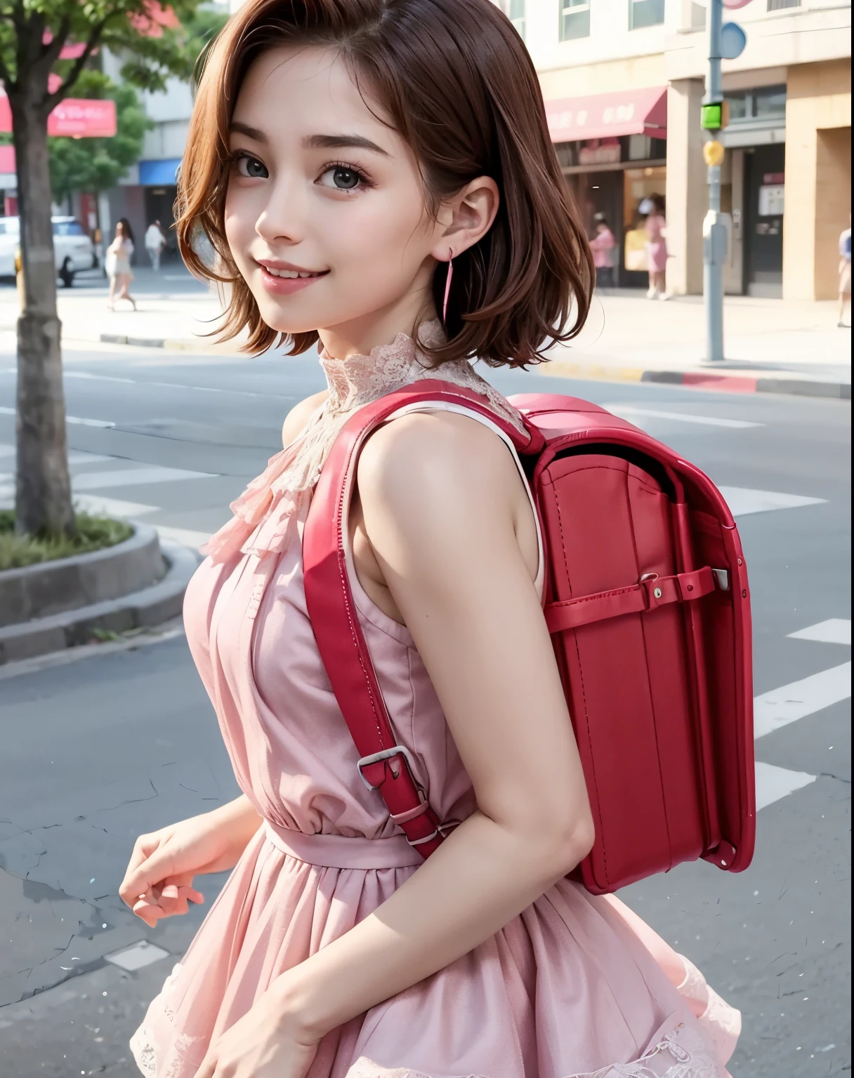 Masterpiece, hd, a woman on the street corner with pink dress on, best quality, 1girl, large breasts, day, bright, blur background, bokeh, outdoor, (street:0.8), (people, crowds:1), (lace-trimmed dress:1.5, sleeveless dress, pink clothes, pinkhigh-neck dress:1.2, pink dress: 1.5), gorgeous, (short hair, forehead:1.2), beautiful detailed sky, earrings, (dynamic pose:1.2), (upper body:0.8), soft lighting, wind, shiny skin, smile,wearing school backpack, side view, (red backpack:1.2), red backpack 