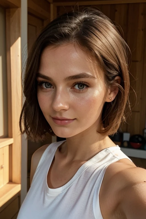 Selfie von einem wunderschönen girl, 24 jahre, im Fitnessstudio, cute, girl, Herbst, heißes girl, braune Haare, symmetrisches Gesicht, fotorealistisch, Fotografie, Telefonkamera, natural lighting, Herrlich, Dekollete, Western, Lo-Fi, High resolution, extrem detailliert, Haut mit Poren, realistische Beleuchtung, natural light, selfie, natural face, moles, Instagram-Pose, Influencer, Geringe Wiedergabetreue, braune Haare, bob frisur, gesicht von vorne, naturally sweet make-up, kokett 
