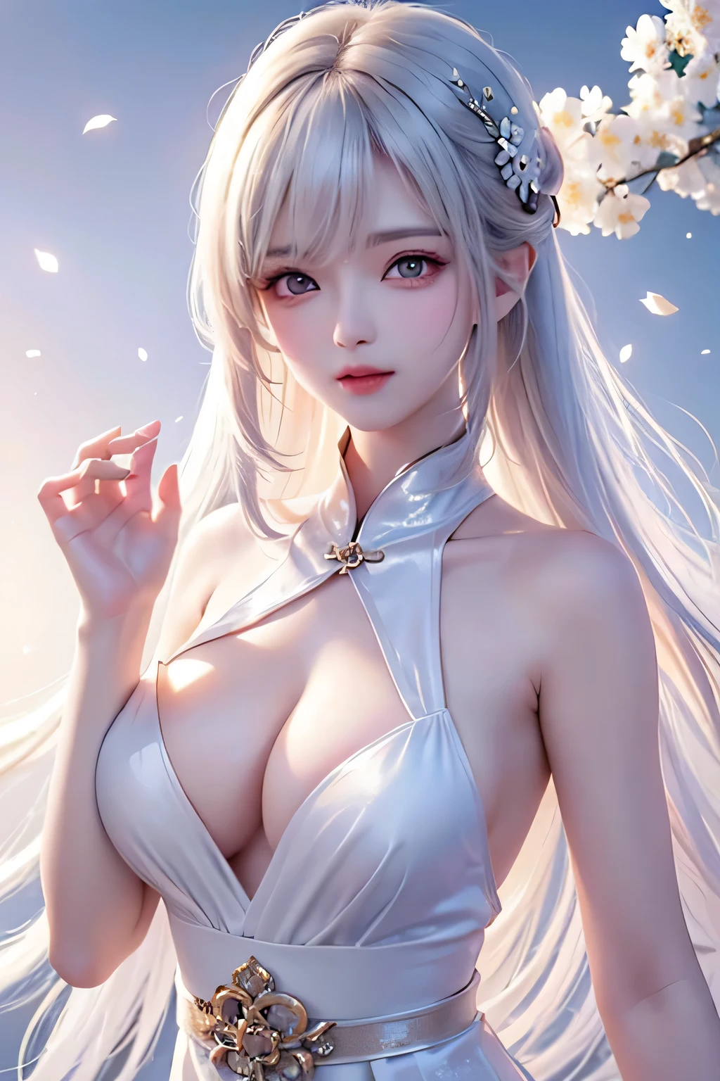 ((From the waist up))((masterpiece:1.5、8k、Portraiture、Photorealistic and very detailed CG、Very detailed、Particle Effects、Dynamic Effects、Written boundary depth、Cinematic Light、Lens flare、Ray Tracing、Tabletop、Realistic:1.4、超A high resolution:1.2、Realistic、Realistic))((alone、,A woman wearing a Chinese dress:1.4、Model-like pose:、Side bust、Ample breasts、Detailed face、Bright expression、young, Brighter, Whiter skin、Best Looks、Ultimate beauty、White hair with shiny highlights:1.8、bright and shiny hair,、Super long, Silky straight hair、Hair swaying in the wind))(Wonderful transparent flower々Surrounded by、White Background、Great background、Thin petals fluttering down)