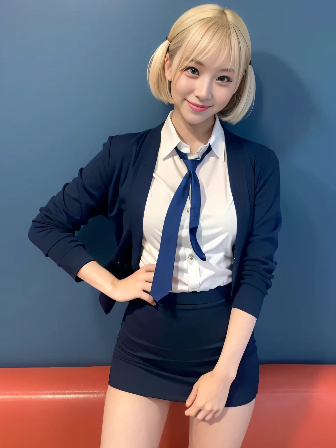 (highest quality、Blonde、8k、32k、masterpiece、Hmph:1.2)、sexy、16 years old、Cute Japanese Women Photos、Twin tails、thin、slender、(Bobcut)、(Small Tits)、double eyelid、 Red open front shirt、Navy blue tie、You can see her underwear faintly、Red mini skirt、Thighs、Light blue wall、whole body、smile、sexy