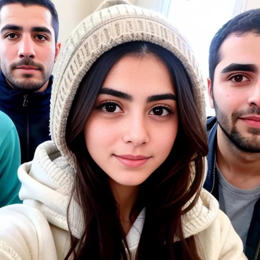 Syrian people gathered in sweatshirts, focus on the face.