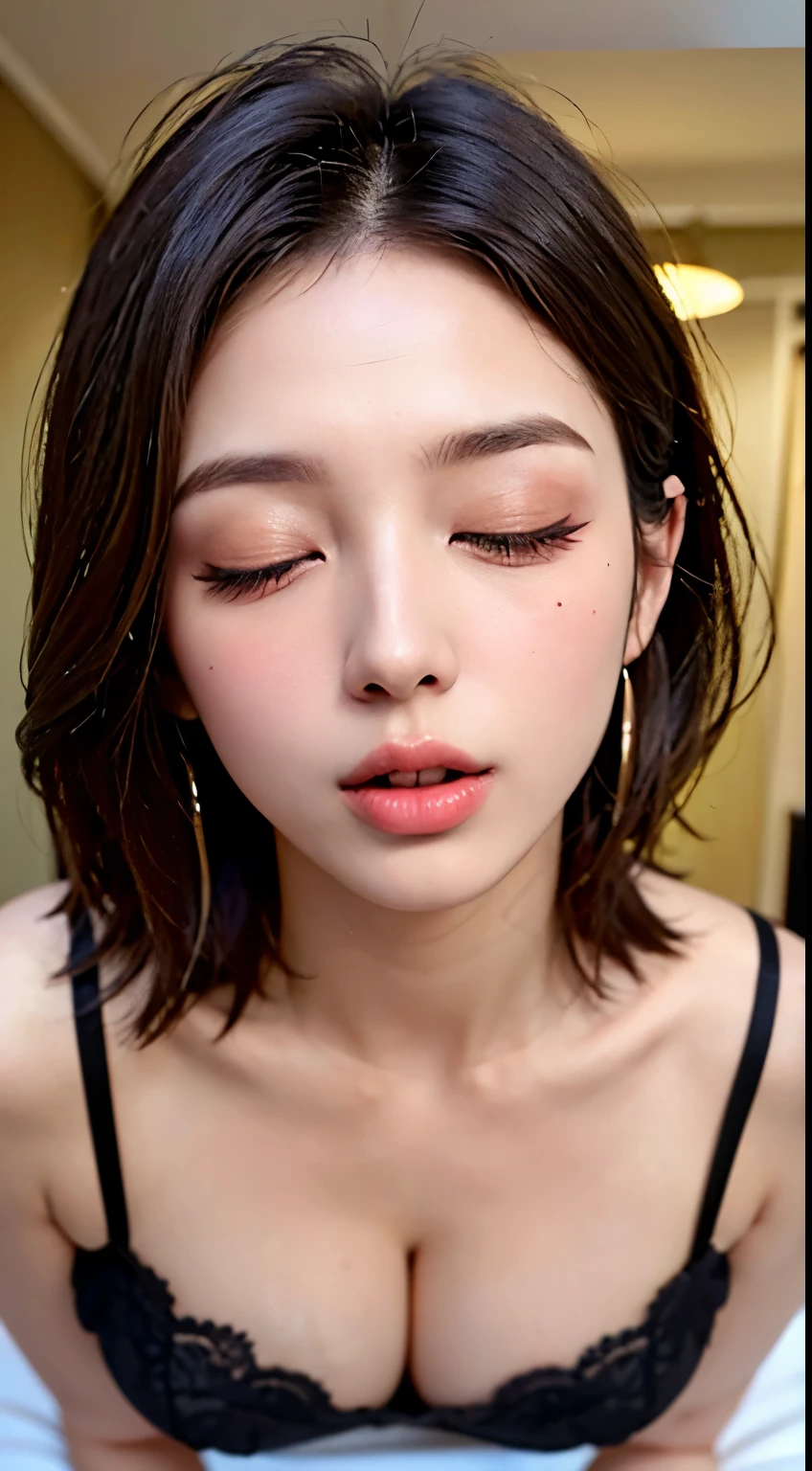 (24 year old lover), (:1.3),show small areola,on t, (maximum resolution: 1.4), (super high quality: 1.2), cinematic light, super high quality,My cheeks turned red:1.2、 (beautiful eyes and skin), (detailed facial features), 8K resolution, perfect style, beautiful expression、Highly detailed face and skin texture、detailed eye、double eyelid、glitter eyeliner:1.2、shiny skin、pureite skin:1.8、white skin:1.8、red rouge、dark lipstick:1.2、shiny small earrinwet lips:1.2,glossy lips:1.2、(straight hairstyles、t brown hair)、(facing the front:1.2),long hair、(Close your eyes and ask for a kiss:1.3),From above, ((whole body)), ((one length haircut)),, (((exposed cleavage))), ((face up)),((and open your lips)), ((no brassiere)), beautiful breasts,((one length haircut)),((laasts)),kissing,stick out your lips,,expeavage, look up,raise your chin,open your mouthy,waiting for kiss,turn your face up,push your lips forward, stick out your tongue, small lace panties