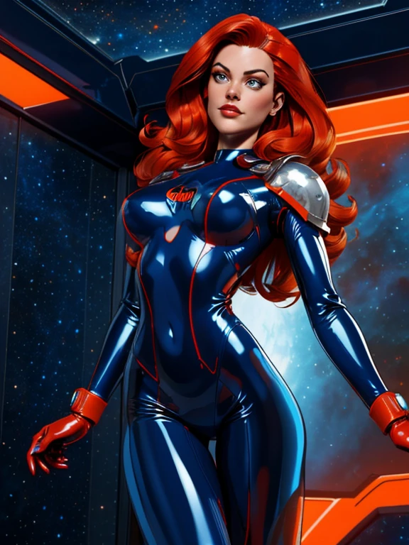 Best quality, 4K, american comics art style, vintage space beautiful woman,long red hair,looking to observer,(((dark blue and orange sheer tight latex suit under detailed silver sci-fi armor))),in the hallway of a spaceship scenario, dynamic angle, dramatic lights 