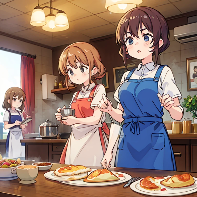 Girls with towels wrapped around their heads making large quantities of soufflé omelettes in frying pans at a cafe Wearing an apron