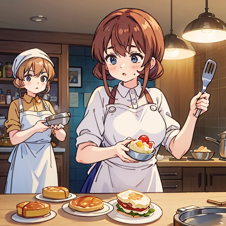 Girls with towels wrapped around their heads making large quantities of soufflé omelettes in frying pans at a cafe　Wearing an apron