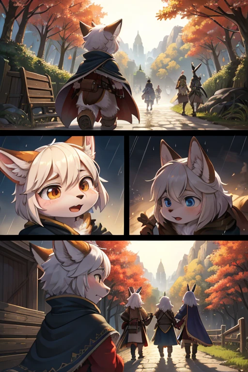 The various events that occur during the journey form the story of the film. As the film is traveling , various view , happening scene , dynamic move , 1 hairy Short stature fox girl with Townspeople , (realistic hairy bunny fur) , round face , (tilt face:1.2) , (half-open eyes) , Swollen cheeks , glossy lips , (Looking away , Look around:1.2) ,  (wearing fantastic wear and Cape) , travel bag , Walking around the fantasy world , dynamic angle , action move , Joy, anger, sorrow, and happiness , sunny , rainy , night and day , Spring, Summer, Autumn, Winter , Attacked by bandits