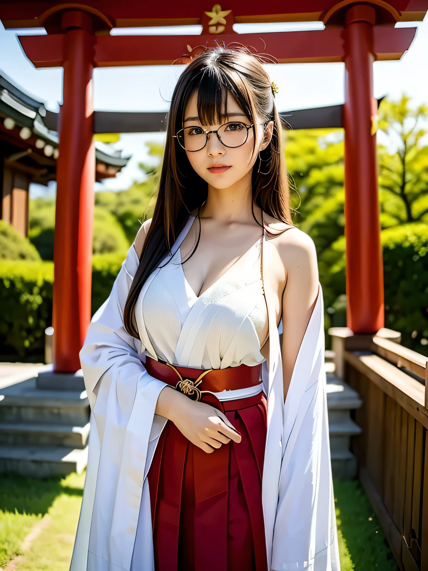 shrine maiden、Crimson too、Shrine maiden attire、ceremony、shrine、within the territory、Long Hair、beautiful girl、Clear Skin、Oracle、The chest is slightly open、cowboy shot,shrine maiden outfit,red skirt,Glasses、
