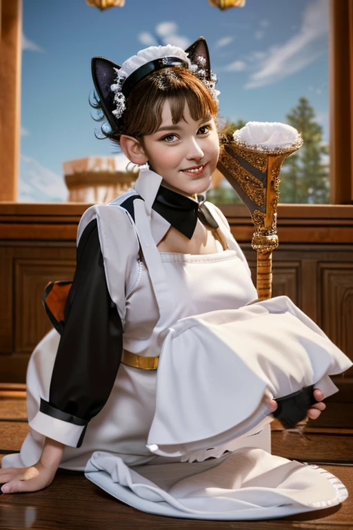 Beautiful woman, (Elf Queen:1.4) Sitting on the throne,(Cat maid outfit:1.8) , Perfect Face, whole body, Victorian era, Aristocratic costume, Intricate decoration, spelling, talk, smile, Put your arms behind your back, Soft Rim Light, Beautifully detailed skies, masterpiece, Ultra-high resolution, high quality, 4K, (photographrealistic:1.2), photograph,