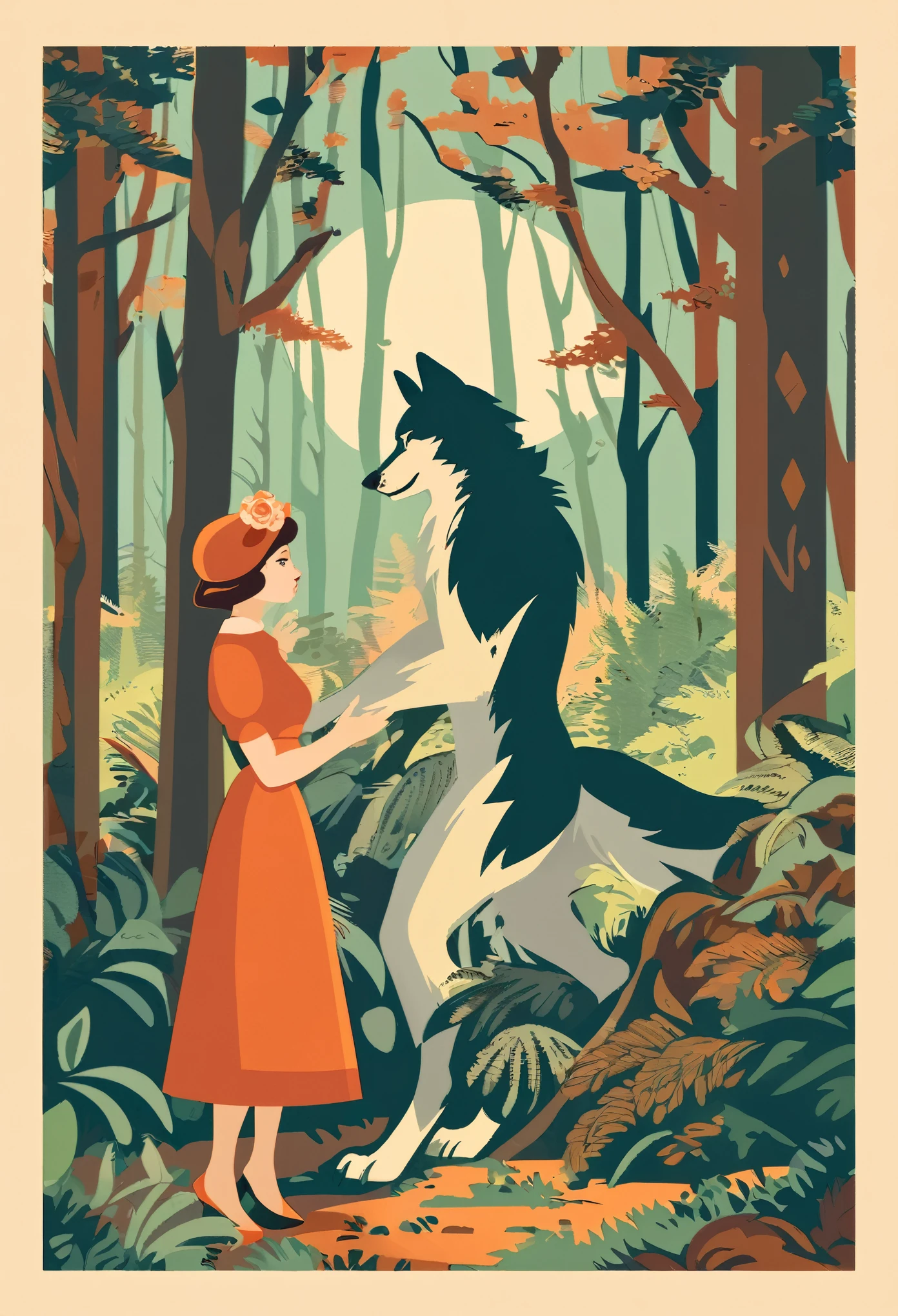 ephemera, label, retro, Vintage, A girl and a wolf meet in the forest, flat Design, vector illustrations, graphic illustration, detailed 2d illustration, flat illustration, digital illustration, digital artwork,