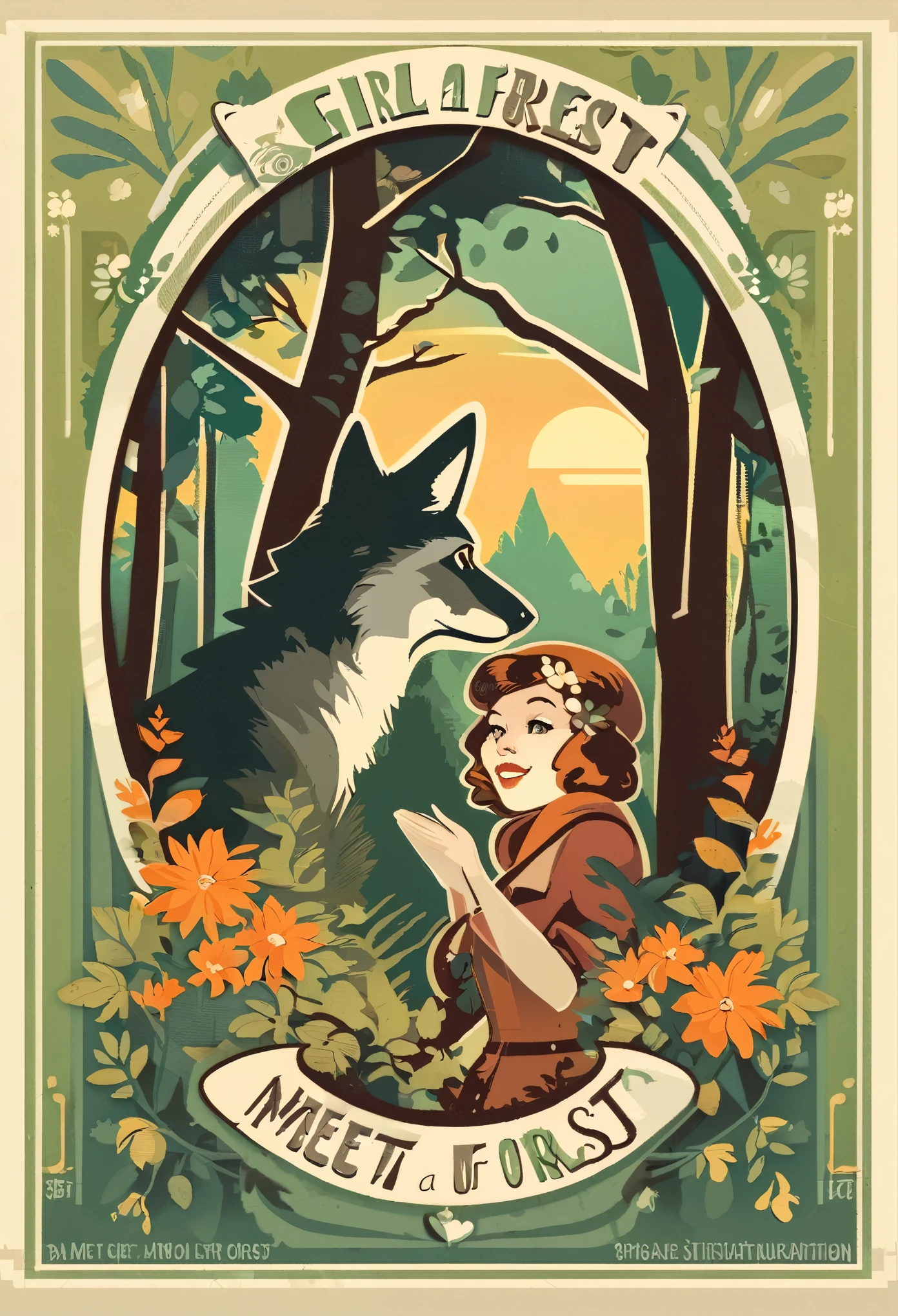 ephemera, label, retro, Vintage, A girl and a wolf meet in the forest, flat Design, vector illustrations, graphic illustration, detailed 2d illustration, flat illustration, digital illustration, digital artwork,