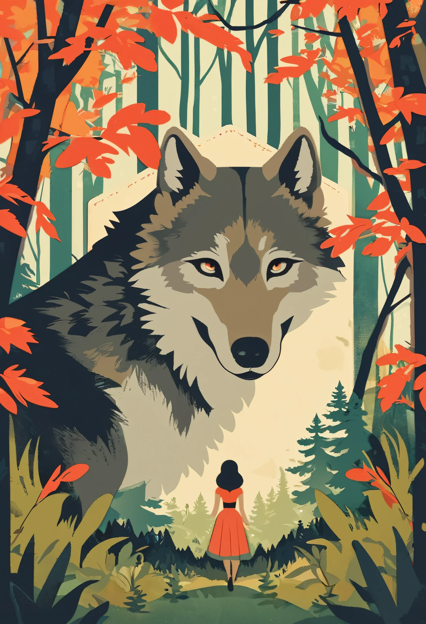 ephemera, label, retro, Vintage, A girl and a wolf meet in the forest, flat Design, vector illustrations, graphic illustration, detailed 2d illustration, flat illustration, digital illustration, digital artwork,