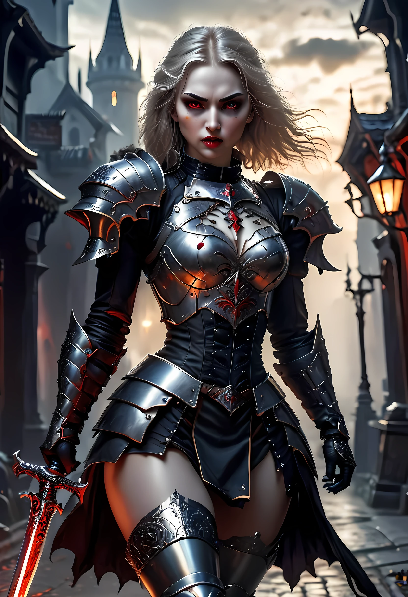 Arafed, dark fantasy art, gothic art, a picturק of a vampire ready for battle, female vampire, armed with a sword, wearing heavy armor , armed with a sword, shining sword, ultra detailed face (intricate detailed, Masterpiece, best quality: 1.4), pale skin, glowing eyes, red eyes, ultra feminine, pale skin, dynamic hair, dark fantasy urban street (intricate detailed, Masterpiece, best quality: 1.4), moon light, star light, clouds, armored_dress