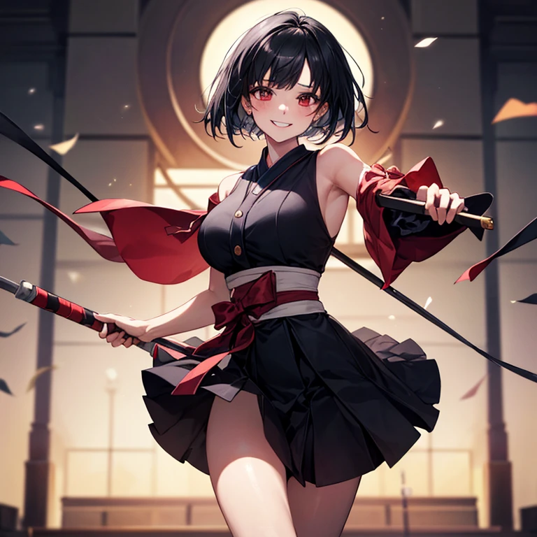 (masterpiece:1.4),, (highest quality:1.4),, Ultra-high resolution,, 8k, CG,, (Very delicate and beautiful:1.2),, , whole body,,from the front,, View your audience,, , One Girl,, alone,, Robber Girl,, Mature Girls,, , cute, sweet, ,Blurred Background, 茶colorの目,, color々performance,, Red lips,, , Face blown away by the wind,, Black Hair ,Big Breasts,Beautiful feet,Beautiful thighs,((Kendo Club)),(()),((Devilish smile)),((Bobcut))
