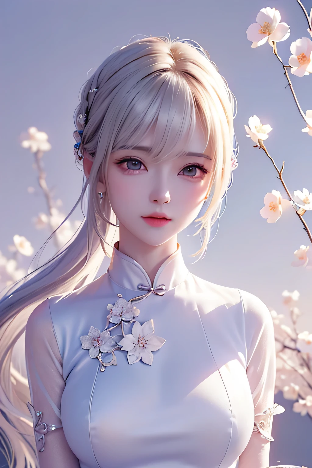 ((From the waist up))((masterpiece:1.5、8k、Portraiture、Photorealistic and very detailed CG、Very detailed、Particle Effects、Dynamic Effects、Written boundary depth、Cinematic Light、Lens flare、Ray Tracing、Tabletop、Realistic:1.4、超A high resolution:1.2、Realistic、Realistic))((alone、,A woman wearing a Chinese dress:1.4、Model-like pose:、Side bust、Ample breasts、Detailed face、Bright expression、young, Brighter, Whiter skin、Best Looks、Ultimate beauty、White hair with shiny highlights:1.8、bright and shiny hair,、Super long, Silky straight hair、Hair swaying in the wind))(Wonderful transparent flower々Surrounded by、White Background、Great background、Thin petals fluttering down)
