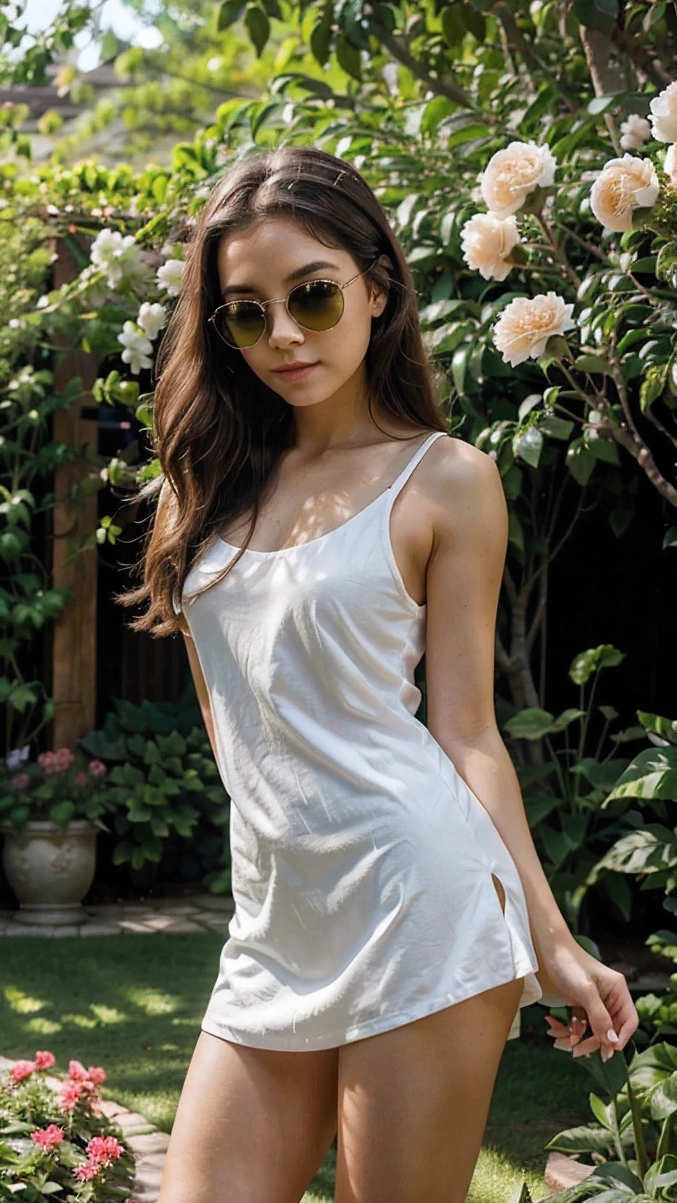 A girl wearing a white mini skirt, a red tank top, and dark sunglasses，(best quality, high resolution: 1.2)ultra-detailed, realistic:1.37, vivid colors, studio lighting, bokeh，in a beautiful garden setting. The girl has beautiful detailed eyes, beautiful detailed lips, and long eyelashes. She is standing with a confident and carefree pose. The garden is filled with various blooming flowers and lush greenery. The scene is bathed in warm sunlight, casting soft and vibrant hues on the surroundings. The air is filled with a sweet floral fragrance. The girl's hair is gently blown by a subtle breeze, accentuating her playful demeanor. There is a hint of mystery in her eyes, adding an intriguing allure to her presence. The garden exudes tranquility and serenity, providing a peaceful and idyllic backdrop for the girl. The overall atmosphere is filled with joy and a sense of freedom.
