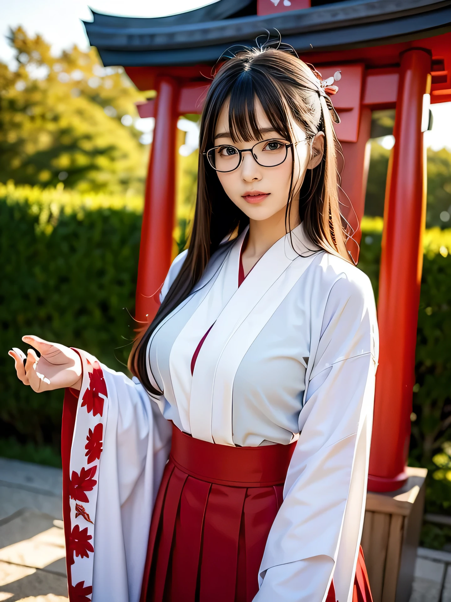shrine maiden、Crimson too、Shrine maiden attire、ceremony、shrine、within the territory、Long Hair、beautiful girl、Clear Skin、Oracle、The chest is slightly open、cowboy shot,shrine maiden outfit,red skirt,Glasses、