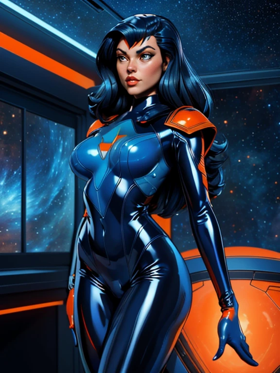 Best quality, 4K, american comics art style, vintage space beautiful woman,long hair,looking to observer,(((detailed sci-fi armor over dark blue and orange sheer tight latex suit))),in the hallway of a spaceship scenario, ponto de vista de baixo para cima, dramatic lights