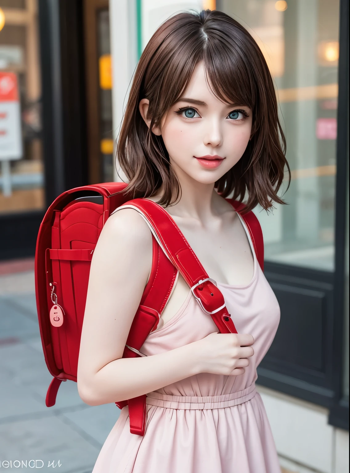 Masterpiece, hd, realistic, a woman in a pink dress with a red backpack, wearing strawberry backpack, with a backpack, sakimichan, pale red, amouranth, pink and red color style, young beautiful amouranth, square backpack, taken with canon eos 5 d mark iv, anime girl in real life, photo taken with nikon d 7 5 0