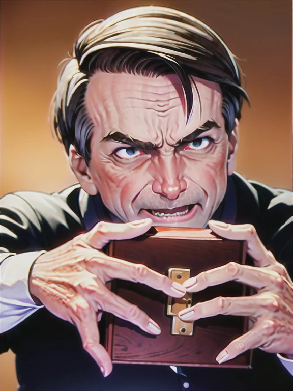 Bolsonaro, president of Brazil, with an angry expression, holding a precious treasure box with his hands, perfect hands, realsita, detalhado, olhos detalhados, 8k, melhor qualidade
