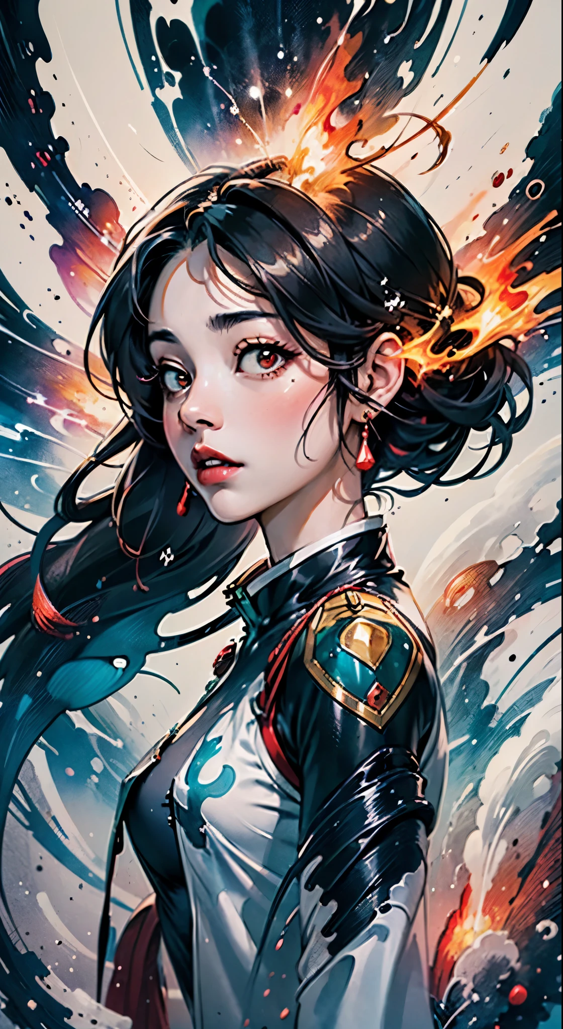 masterpiece, best quality, ultra high res, beautiful, elegant, graceful, award-winning art, 1girl , portrait, (style of Yuko Shimizu:1.1), (abstract art:1.2), red lips, silent in chaoodel pose in fashion show, style of rebecca guay, black hair, red fire , cloaked in flames, dark theme, visually stunning, gorgeous