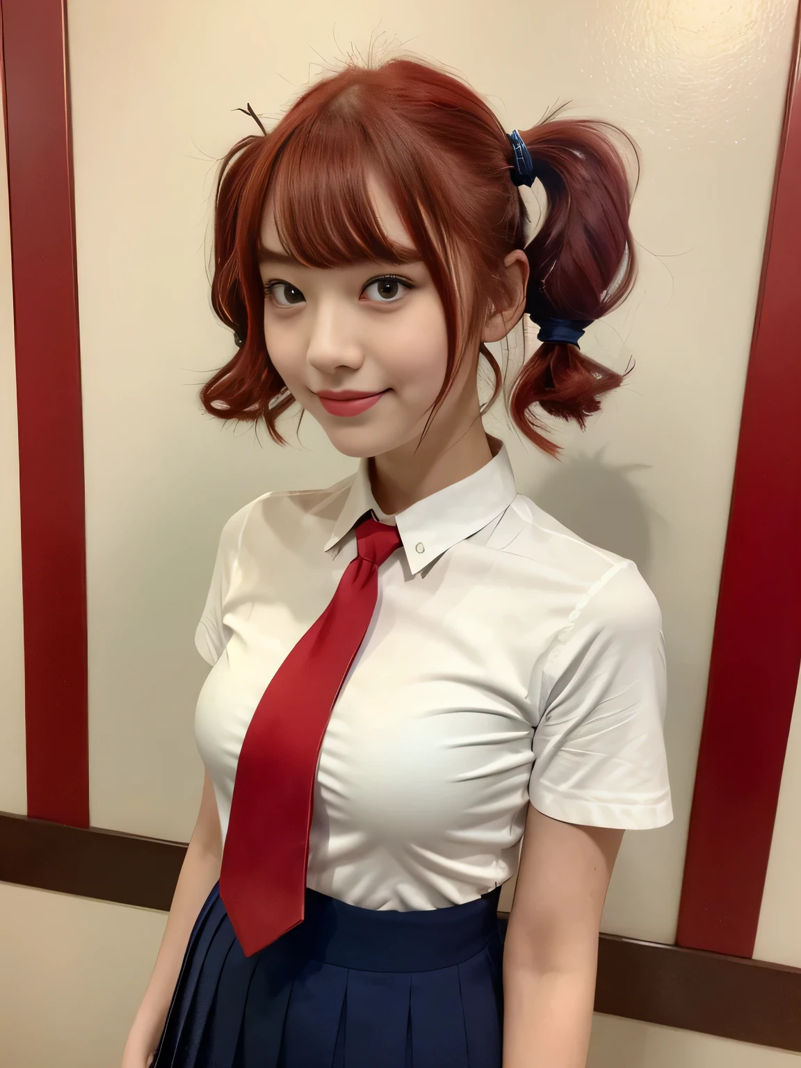 (highest quality、Red Hair、8k、32k、masterpiece、Hmph:1.2)、sexy、、Cute Japanese Women Photos、Twin tails、thin、slender、(Bobcut)、(Small Tits)、double eyelid、 Red open front shirt、Navy blue tie、You can see her underwear faintly、Red mini skirt、Thighs、Light blue wall、whole body、smile、sexy