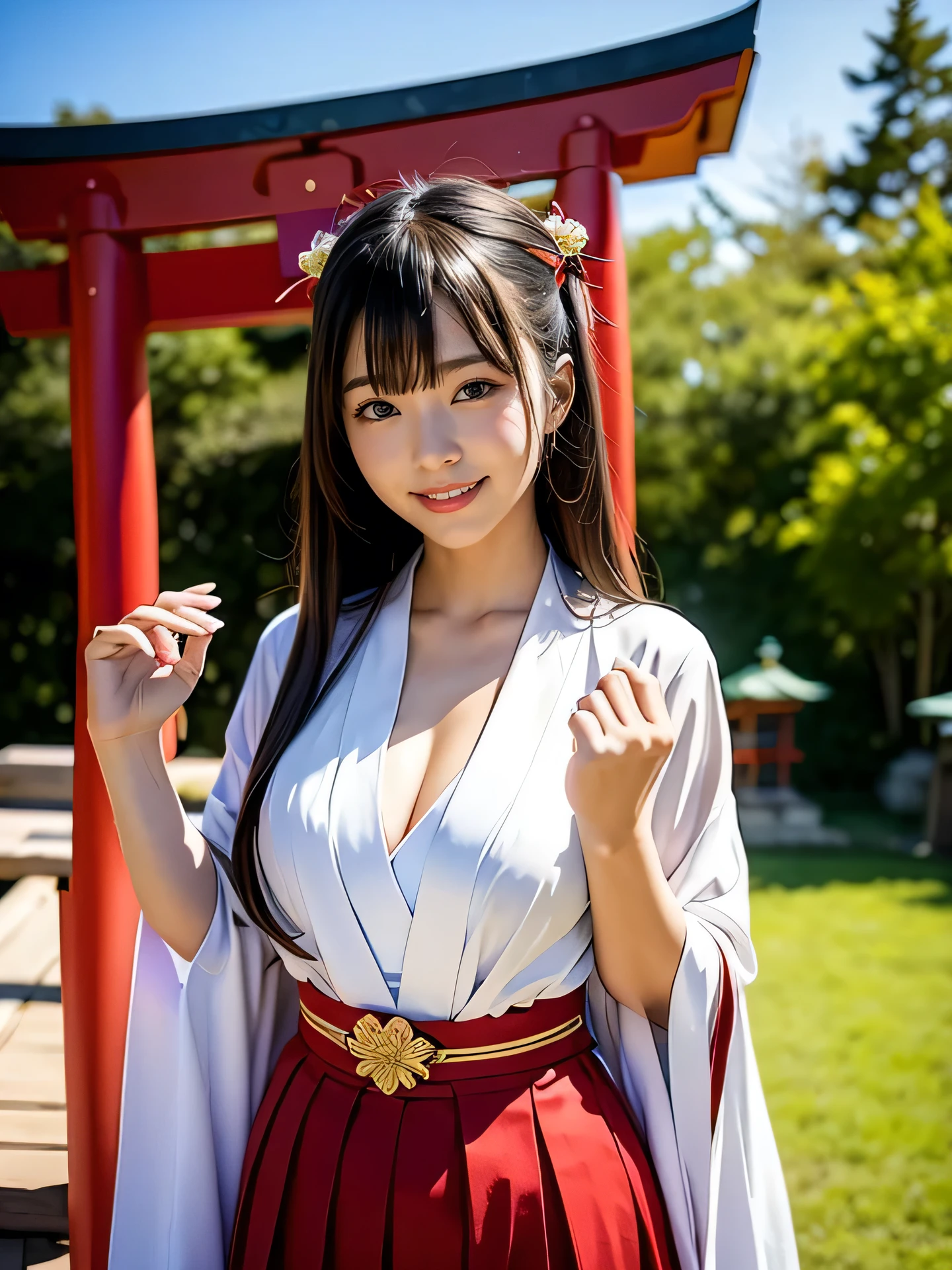shrine maiden、Crimson too、Shrine maiden attire、ceremony、shrine、within the territory、Long Hair、beautiful girl、Clear Skin、Oracle、The chest is slightly open、cowboy shot,shrine maiden outfit,red skirt,smile、