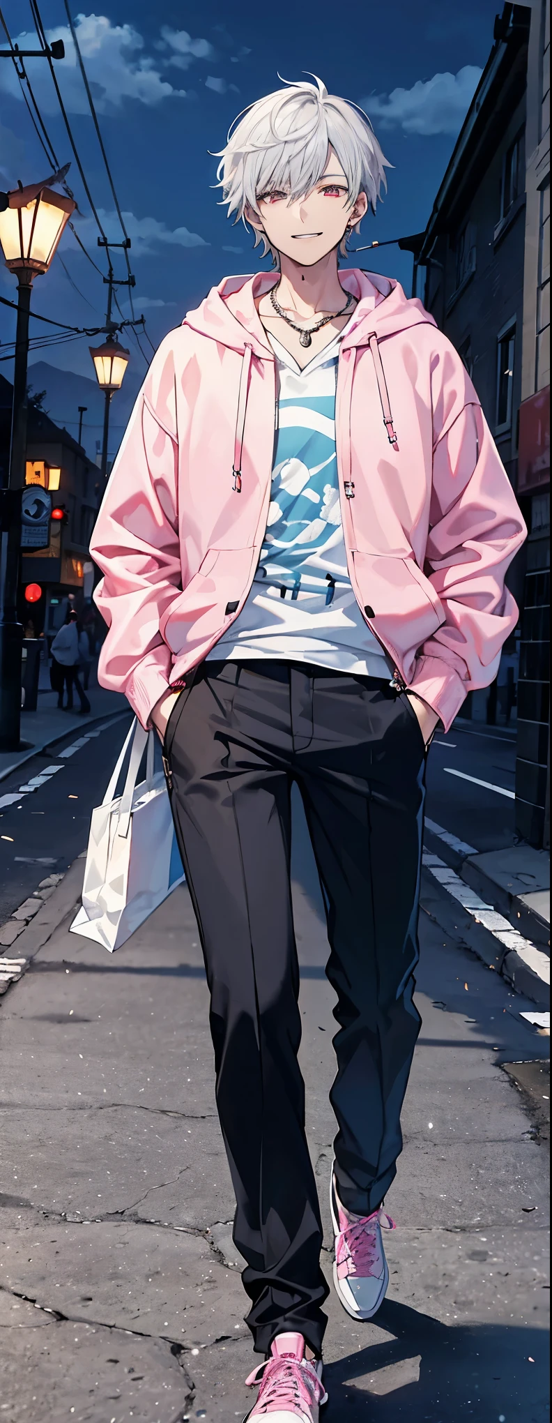 High resolution, high resolution,2D Anime Style,,Cool guy,Mature look,,20th Generation,Short Hair,Silver Hair,Red eyes,Beautiful watch,Beautiful earrings,Beautiful necklace,Dark Street Fashion,Light blue and pink hoodie,Long pants,He is smiling a little,night,walking,Put your hands in your pockets,Smoking a cigarette,Holding a cigarette