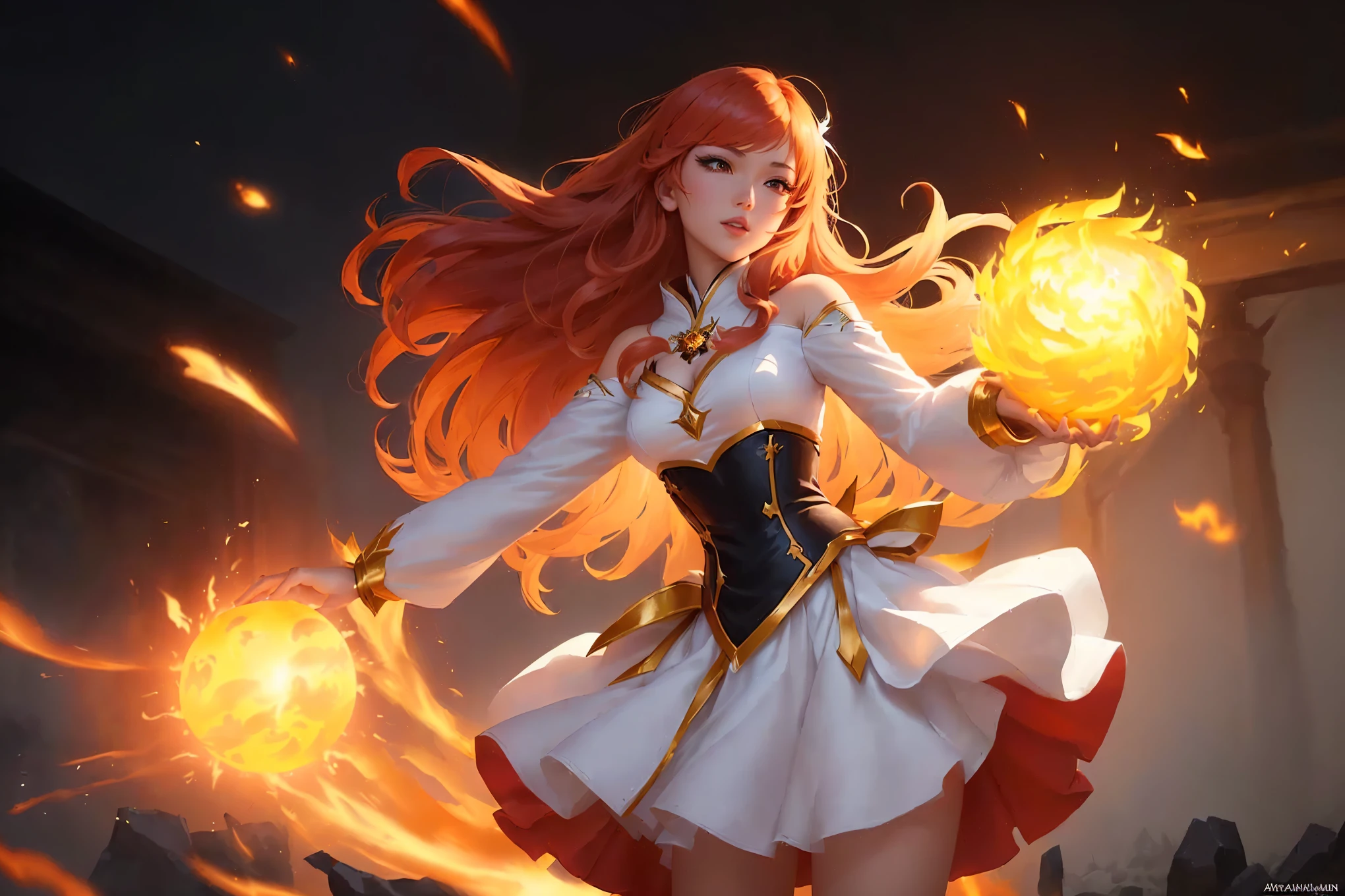 a woman in a white dress holding a yellow fire ball, fire spell, casting fire spell, flame spell, holy fire spell art, epic mage girl character, ayaka genshin impact, holy flame spell, fire mage, miss fortune league of legends, ayaka game genshin impact, flame conjuring, artgerm and atey ghailan