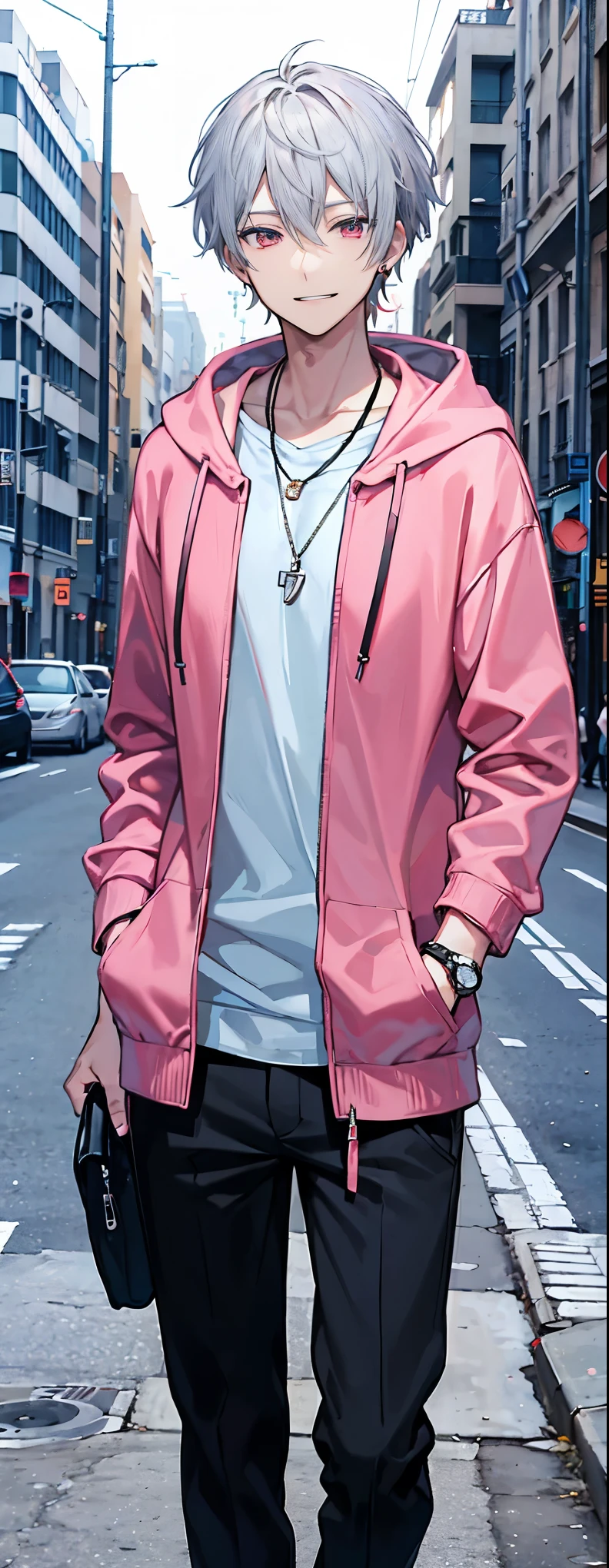 High resolution, high resolution,2D Anime Style,,Cool guy,Mature look,,20th Generation,Short Hair,Silver Hair,Red eyes,Beautiful watch,Beautiful earrings,Beautiful necklace,Dark Street Fashion,Light blue and pink hoodie,Long pants,He is smiling a little,night,walking,Put your hands in your pockets,Smoking a cigarette,Holding a cigarette