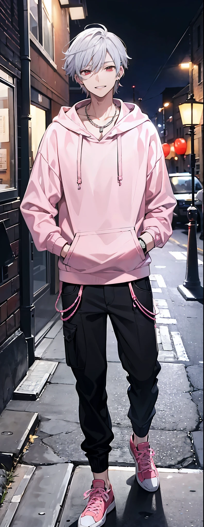 High resolution, high resolution,2D Anime Style,,Cool guy,Mature look,,20th Generation,Short Hair,Silver Hair,Red eyes,Beautiful watch,Beautiful earrings,Beautiful necklace,Dark Street Fashion,Light blue and pink hoodie,Long pants,He is smiling a little,night,walking,Put your hands in your pockets,Smoking a cigarette,Holding a cigarette