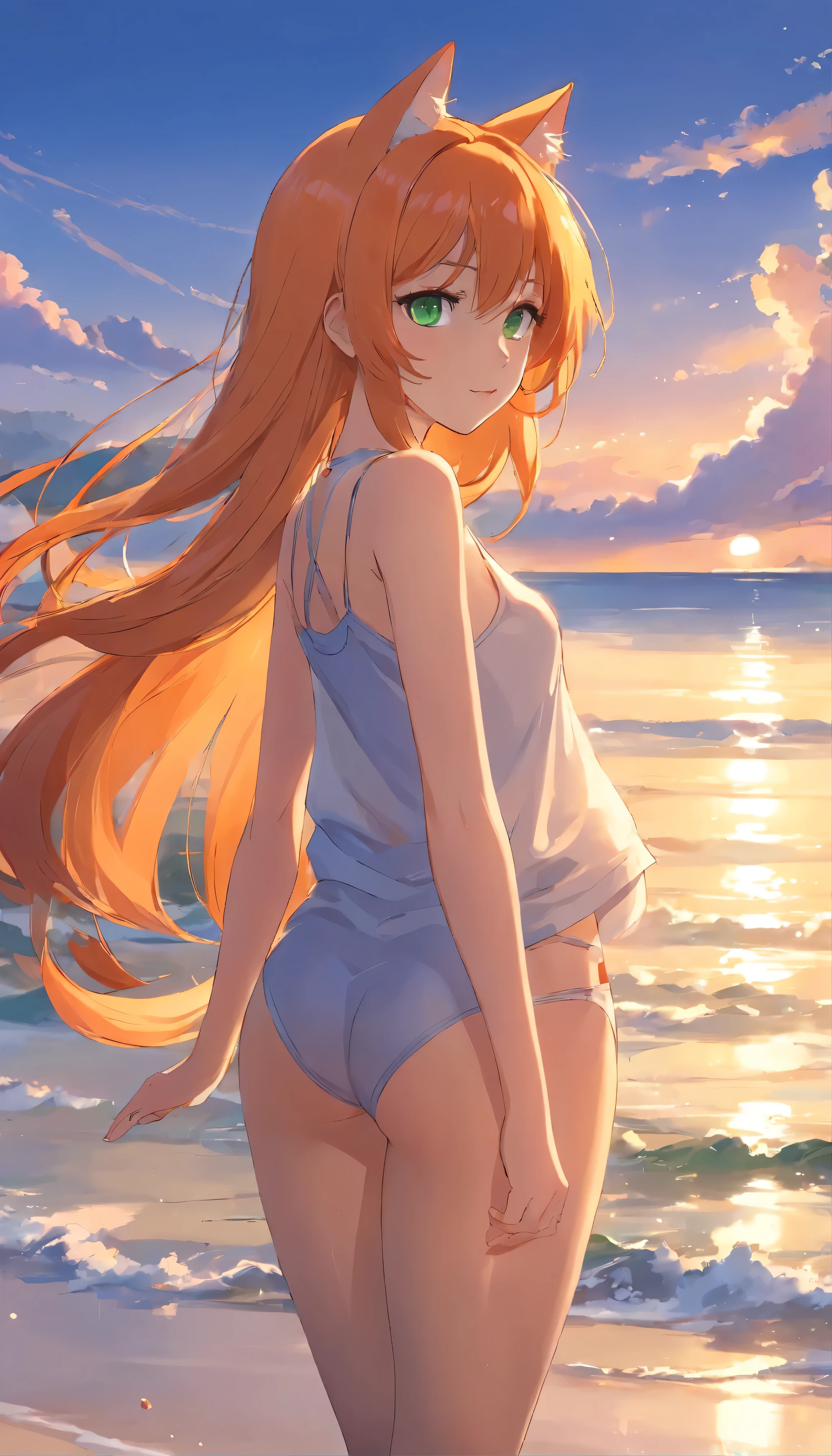 anime girl with long orange hair standing on beach near ocean, green eyes detailed digital anime art, cat ears, , anime girl with long hair, smooth anime cg art, anime girl with long hair, digital anime art, artwork in the style of guweiz, beautiful anime portrait, photorealistic anime girl render, beautiful anime girl, advanced digital anime art, pantyhose, guweiz on artstation pixiv upscale HD UHD HQ
