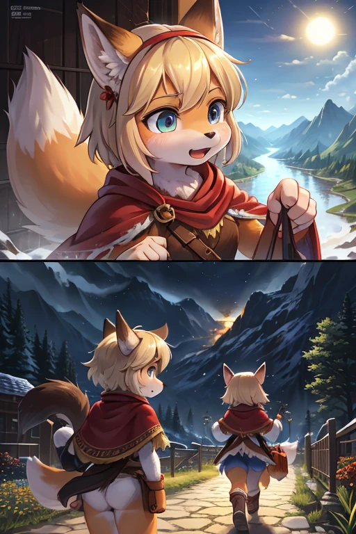 The various events that occur during the journey form the story of the film. As the film is traveling , High-definition , various view , happening scene , dynamic move , 1 hairy Short stature fox girl with Townspeople , (realistic hairy bunny fur) , round face , (tilt face:1.2) , (half-open eyes) , Swollen cheeks , glossy lips , (Looking away , Look around:1.2) , (wearing fantastic wear and Cape) , travel bag , Walking around the fantasy world , dynamic angle , action move , Joy, anger, sorrow, and happiness , sunny , rainy , night and day , Spring, Summer, Autumn, Winter , Introduction, development, twist and conclusion , Save the Princess