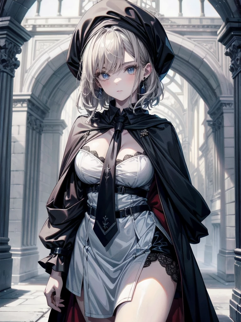 whole body,  absurdres, RAW photo, extremely delicate and beautiful, masterpiece, Best Quality, ultra high resolution, 32k, hyperrealistic, ultra-detailed, detailed description, pale skin, 20 years old, detailed beautiful face and eyes, tearful mole, earring, Colossal tits, short medium hair, wavy hair, elven, hogwarts teacher, ravenclaw, necktie, cloak,