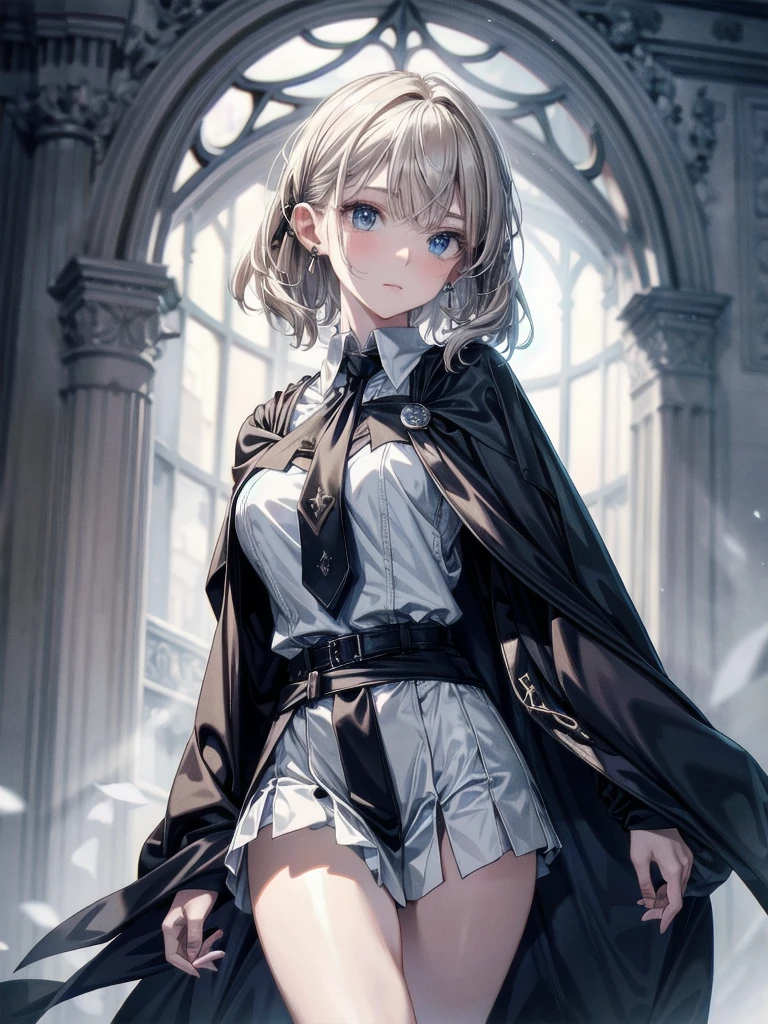 whole body, absurdres, RAW photo, extremely delicate and beautiful, masterpiece, Best Quality, ultra high resolution, 32k, hyperrealistic, ultra-detailed, detailed description, pale skin, 20 years old, detailed beautiful face and eyes, tearful mole, earring, Colossal tits, short medium hair, wavy hair, elven, hogwarts teacher, ravenclaw, necktie, cloak,