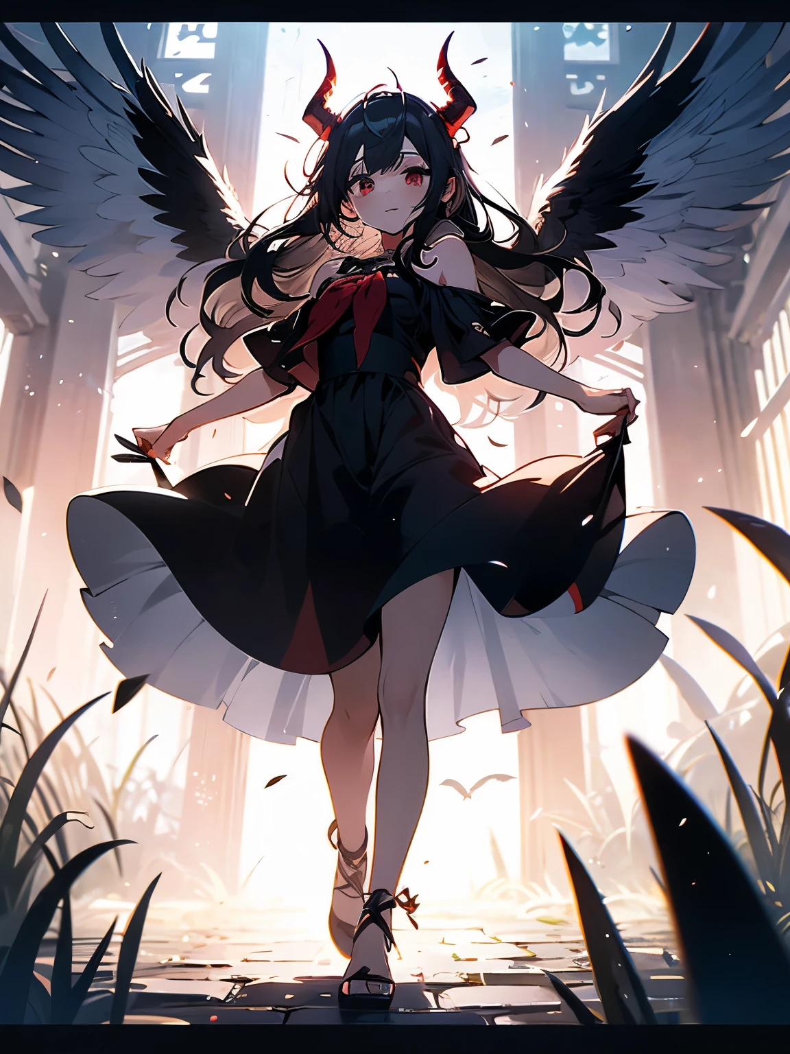 inspired horror illustration, albino demon princess,(long intricate horns:1.2), the woman's pale face contrasting sharply with her long jet-black hair, that hangs over her shoulders. She wears a form-fitting red and black dress, A macabre mass of blood and flesh falls at the woman's feet, Her eyes wide with a mixture of fear and determination, she has a bewitching presence as she moves through the surreal landscape with an eerie calm. ,bj_Devil_angel,Anime style,sinozick style