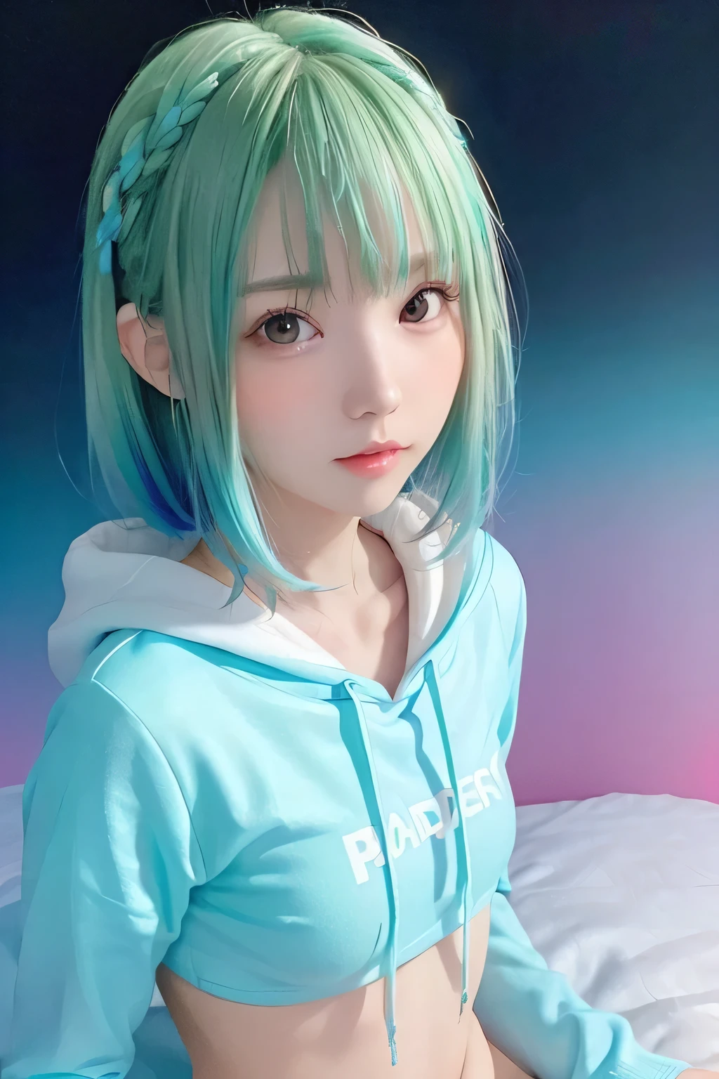 masterpiece、highest quality、8K、 ((Face shot close up)) 、(1 pretty girl、()、slim、slender、Flat Body)、Aqua green and white hoodie、 (Gradient Hair :1.5)