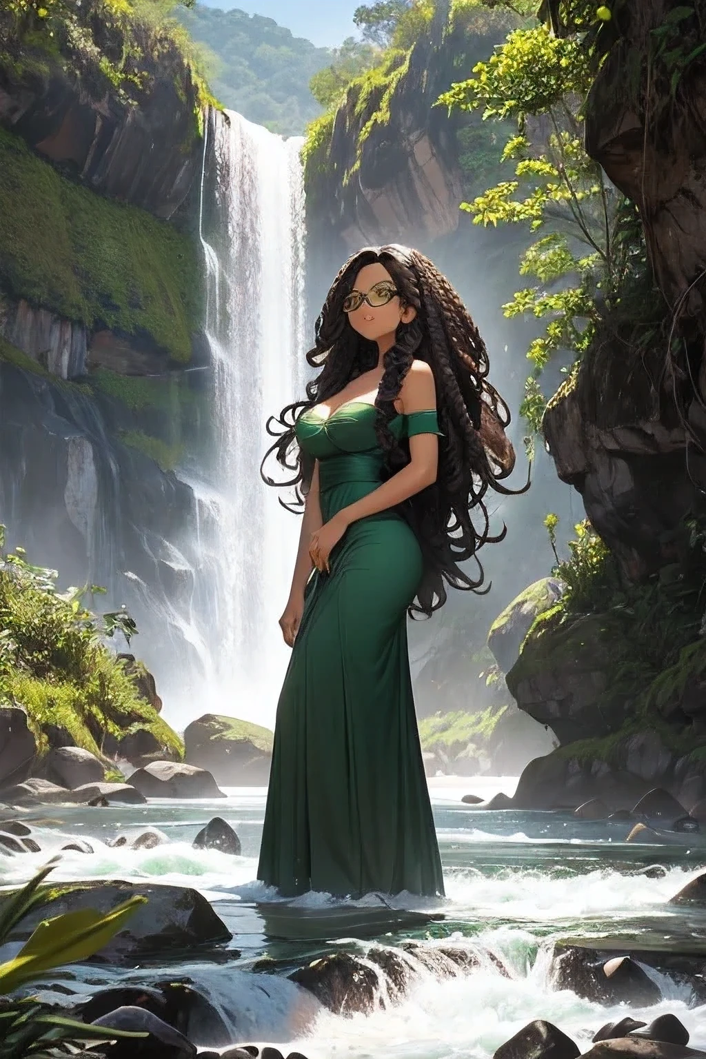 garota negra, baixa, ((cabelos crespos)) usando um vestido verde esmeralda, decote, coxas grandes, glasses, (fundo horizonte), cachoeira 